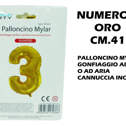 Palloncino Numero Mylar Foil Gigante 101 cm & 41 cm – Decorazione Festa Compleanno e Anniversario – Gonfiaggio Elio o Aria con Cannuccia Inclusa Oro Standard (41 cm) 3 MV Tech