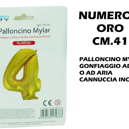 Palloncino Numero Mylar Foil Gigante 101 cm & 41 cm – Decorazione Festa Compleanno e Anniversario – Gonfiaggio Elio o Aria con Cannuccia Inclusa Oro Standard (41 cm) 4 MV Tech