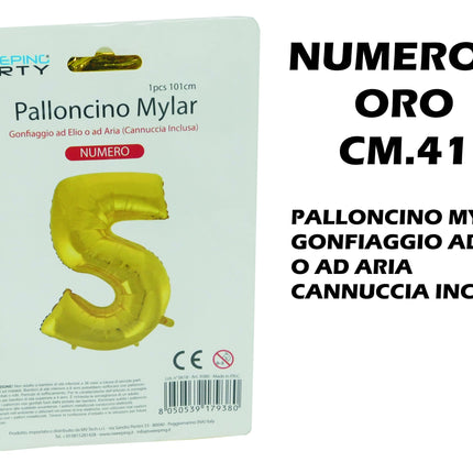 Palloncino Numero Mylar Foil Gigante 101 cm & 41 cm – Decorazione Festa Compleanno e Anniversario – Gonfiaggio Elio o Aria con Cannuccia Inclusa Oro Standard (41 cm) 5 MV Tech