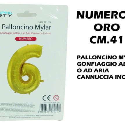 Palloncino Numero Mylar Foil Gigante 101 cm & 41 cm – Decorazione Festa Compleanno e Anniversario – Gonfiaggio Elio o Aria con Cannuccia Inclusa Oro Standard (41 cm) 6 MV Tech