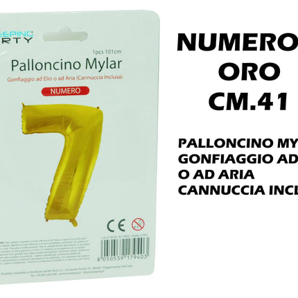 Palloncino Numero Mylar Foil Gigante 101 cm & 41 cm – Decorazione Festa Compleanno e Anniversario – Gonfiaggio Elio o Aria con Cannuccia Inclusa Oro Standard (41 cm) 7 MV Tech