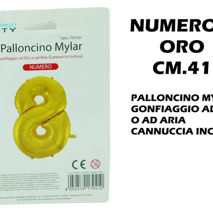 Palloncino Numero Mylar Foil Gigante 101 cm & 41 cm – Decorazione Festa Compleanno e Anniversario – Gonfiaggio Elio o Aria con Cannuccia Inclusa Oro Standard (41 cm) 8 MV Tech