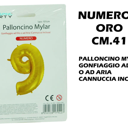 Palloncino Numero Mylar Foil Gigante 101 cm & 41 cm – Decorazione Festa Compleanno e Anniversario – Gonfiaggio Elio o Aria con Cannuccia Inclusa Oro Standard (41 cm) 9 MV Tech