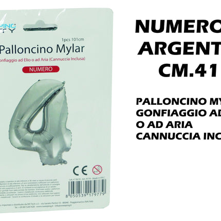 Palloncino Numero Mylar Foil Gigante 101 cm & 41 cm – Decorazione Festa Compleanno e Anniversario – Gonfiaggio Elio o Aria con Cannuccia Inclusa Argento Standard (41 cm) 4 MV Tech