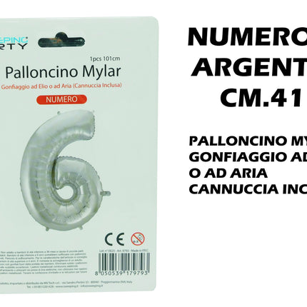 Palloncino Numero Mylar Foil Gigante 101 cm & 41 cm – Decorazione Festa Compleanno e Anniversario – Gonfiaggio Elio o Aria con Cannuccia Inclusa Argento Standard (41 cm) 6 MV Tech