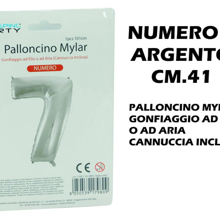 Palloncino Numero Mylar Foil Gigante 101 cm & 41 cm – Decorazione Festa Compleanno e Anniversario – Gonfiaggio Elio o Aria con Cannuccia Inclusa Argento Standard (41 cm) 7 MV Tech