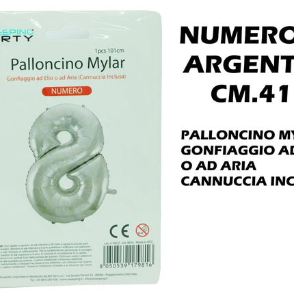 Palloncino Numero Mylar Foil Gigante 101 cm & 41 cm – Decorazione Festa Compleanno e Anniversario – Gonfiaggio Elio o Aria con Cannuccia Inclusa Argento Standard (41 cm) 8 MV Tech