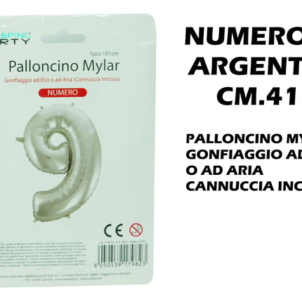 Palloncino Numero Mylar Foil Gigante 101 cm & 41 cm – Decorazione Festa Compleanno e Anniversario – Gonfiaggio Elio o Aria con Cannuccia Inclusa Argento Standard (41 cm) 9 MV Tech