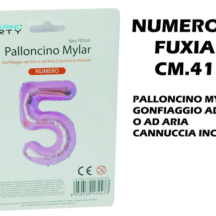 Palloncino Numero Mylar Foil Gigante 101 cm & 41 cm – Decorazione Festa Compleanno e Anniversario – Gonfiaggio Elio o Aria con Cannuccia Inclusa Rosa Standard (41 cm) 5 MV Tech