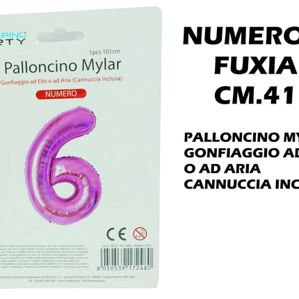 Palloncino Numero Mylar Foil Gigante 101 cm & 41 cm – Decorazione Festa Compleanno e Anniversario – Gonfiaggio Elio o Aria con Cannuccia Inclusa Rosa Standard (41 cm) 6 MV Tech