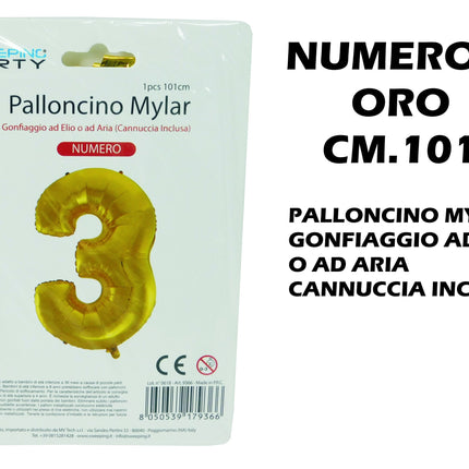 Palloncino Numero Mylar Foil Gigante 101 cm & 41 cm – Decorazione Festa Compleanno e Anniversario – Gonfiaggio Elio o Aria con Cannuccia Inclusa Oro Maxi (101 cm) 3 MV Tech