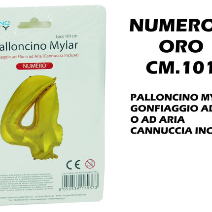 Palloncino Numero Mylar Foil Gigante 101 cm & 41 cm – Decorazione Festa Compleanno e Anniversario – Gonfiaggio Elio o Aria con Cannuccia Inclusa Oro Maxi (101 cm) 4 MV Tech