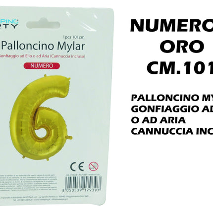 Palloncino Numero Mylar Foil Gigante 101 cm & 41 cm – Decorazione Festa Compleanno e Anniversario – Gonfiaggio Elio o Aria con Cannuccia Inclusa Oro Maxi (101 cm) 6 MV Tech