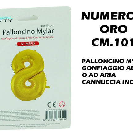 Palloncino Numero Mylar Foil Gigante 101 cm & 41 cm – Decorazione Festa Compleanno e Anniversario – Gonfiaggio Elio o Aria con Cannuccia Inclusa Oro Maxi (101 cm) 8 MV Tech