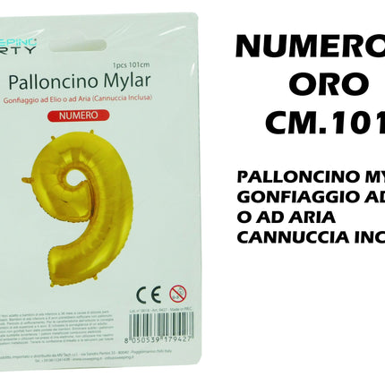 Palloncino Numero Mylar Foil Gigante 101 cm & 41 cm – Decorazione Festa Compleanno e Anniversario – Gonfiaggio Elio o Aria con Cannuccia Inclusa Oro Maxi (101 cm) 9 MV Tech