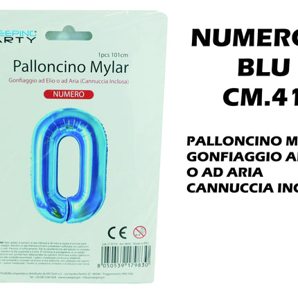 Palloncino Numero Mylar Foil Gigante 101 cm & 41 cm – Decorazione Festa Compleanno e Anniversario – Gonfiaggio Elio o Aria con Cannuccia Inclusa Blu Standard (41 cm) 0 MV Tech