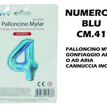 Palloncino Numero Mylar Foil Gigante 101 cm & 41 cm – Decorazione Festa Compleanno e Anniversario – Gonfiaggio Elio o Aria con Cannuccia Inclusa Blu Standard (41 cm) 4 MV Tech