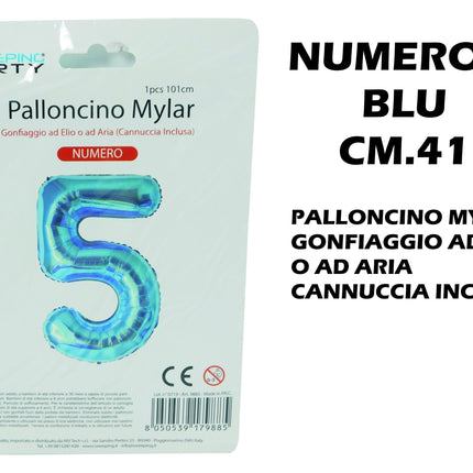 Palloncino Numero Mylar Foil Gigante 101 cm & 41 cm – Decorazione Festa Compleanno e Anniversario – Gonfiaggio Elio o Aria con Cannuccia Inclusa Blu Standard (41 cm) 5 MV Tech