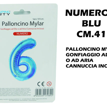 Palloncino Numero Mylar Foil Gigante 101 cm & 41 cm – Decorazione Festa Compleanno e Anniversario – Gonfiaggio Elio o Aria con Cannuccia Inclusa Blu Standard (41 cm) 6 MV Tech