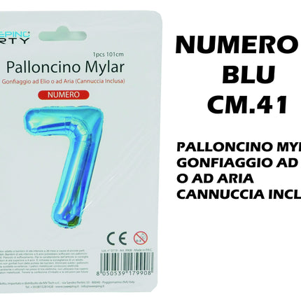 Palloncino Numero Mylar Foil Gigante 101 cm & 41 cm – Decorazione Festa Compleanno e Anniversario – Gonfiaggio Elio o Aria con Cannuccia Inclusa Blu Standard (41 cm) 7 MV Tech