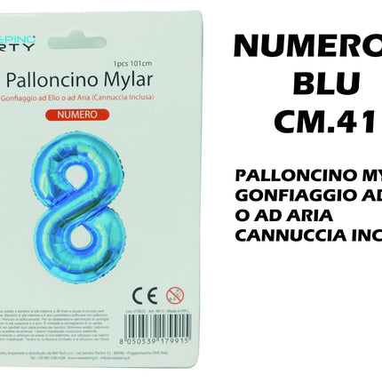 Palloncino Numero Mylar Foil Gigante 101 cm & 41 cm – Decorazione Festa Compleanno e Anniversario – Gonfiaggio Elio o Aria con Cannuccia Inclusa Blu Standard (41 cm) 8 MV Tech