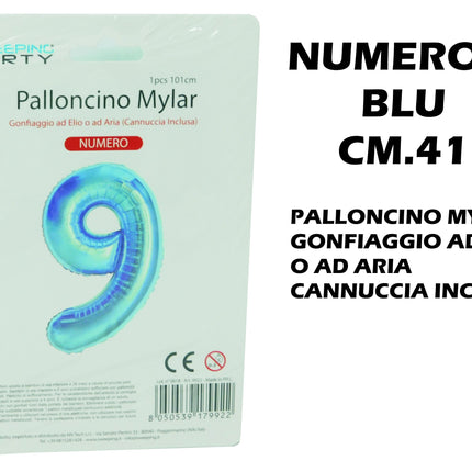 Palloncino Numero Mylar Foil Gigante 101 cm & 41 cm – Decorazione Festa Compleanno e Anniversario – Gonfiaggio Elio o Aria con Cannuccia Inclusa Blu Standard (41 cm) 9 MV Tech