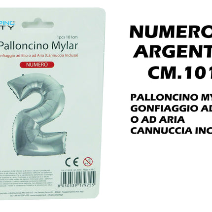 Palloncino Numero Mylar Foil Gigante 101 cm & 41 cm – Decorazione Festa Compleanno e Anniversario – Gonfiaggio Elio o Aria con Cannuccia Inclusa Argento Maxi (101 cm) 2 MV Tech