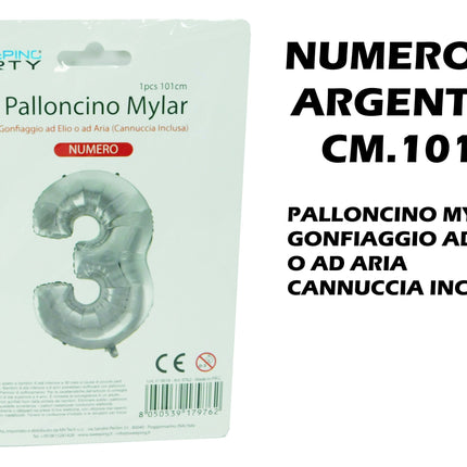 Palloncino Numero Mylar Foil Gigante 101 cm & 41 cm – Decorazione Festa Compleanno e Anniversario – Gonfiaggio Elio o Aria con Cannuccia Inclusa Argento Maxi (101 cm) 3 MV Tech