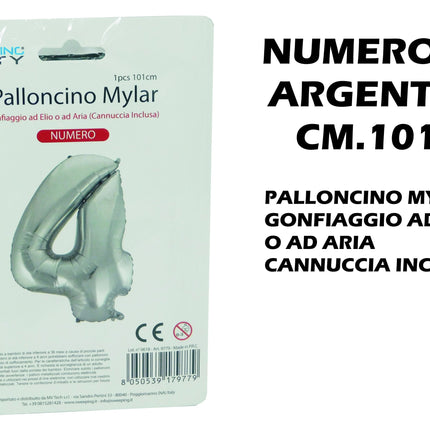 Palloncino Numero Mylar Foil Gigante 101 cm & 41 cm – Decorazione Festa Compleanno e Anniversario – Gonfiaggio Elio o Aria con Cannuccia Inclusa Argento Maxi (101 cm) 4 MV Tech