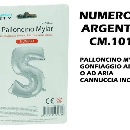 Palloncino Numero Mylar Foil Gigante 101 cm & 41 cm – Decorazione Festa Compleanno e Anniversario – Gonfiaggio Elio o Aria con Cannuccia Inclusa Argento Maxi (101 cm) 5 MV Tech