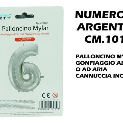Palloncino Numero Mylar Foil Gigante 101 cm & 41 cm – Decorazione Festa Compleanno e Anniversario – Gonfiaggio Elio o Aria con Cannuccia Inclusa Argento Maxi (101 cm) 6 MV Tech