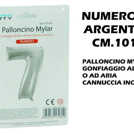Palloncino Numero Mylar Foil Gigante 101 cm & 41 cm – Decorazione Festa Compleanno e Anniversario – Gonfiaggio Elio o Aria con Cannuccia Inclusa Argento Maxi (101 cm) 7 MV Tech