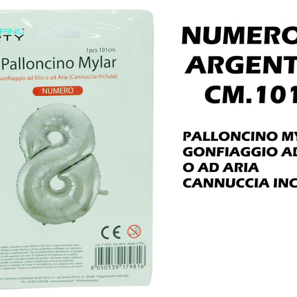 Palloncino Numero Mylar Foil Gigante 101 cm & 41 cm – Decorazione Festa Compleanno e Anniversario – Gonfiaggio Elio o Aria con Cannuccia Inclusa Argento Maxi (101 cm) 8 MV Tech