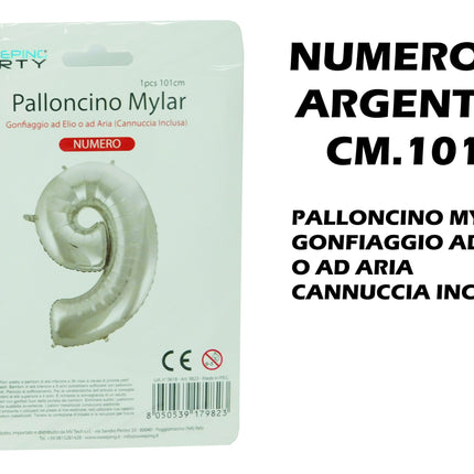 Palloncino Numero Mylar Foil Gigante 101 cm & 41 cm – Decorazione Festa Compleanno e Anniversario – Gonfiaggio Elio o Aria con Cannuccia Inclusa Argento Maxi (101 cm) 9 MV Tech