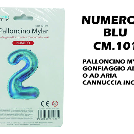 Palloncino Numero Mylar Foil Gigante 101 cm & 41 cm – Decorazione Festa Compleanno e Anniversario – Gonfiaggio Elio o Aria con Cannuccia Inclusa Blu Maxi (101 cm) 2 MV Tech