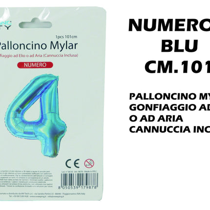 Palloncino Numero Mylar Foil Gigante 101 cm & 41 cm – Decorazione Festa Compleanno e Anniversario – Gonfiaggio Elio o Aria con Cannuccia Inclusa Blu Maxi (101 cm) 4 MV Tech