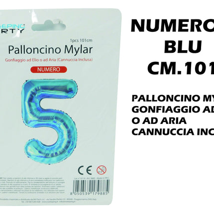 Palloncino Numero Mylar Foil Gigante 101 cm & 41 cm – Decorazione Festa Compleanno e Anniversario – Gonfiaggio Elio o Aria con Cannuccia Inclusa Blu Maxi (101 cm) 5 MV Tech