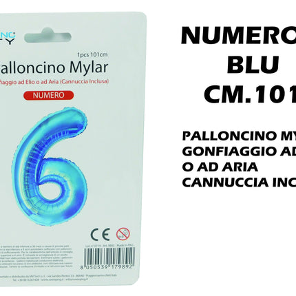 Palloncino Numero Mylar Foil Gigante 101 cm & 41 cm – Decorazione Festa Compleanno e Anniversario – Gonfiaggio Elio o Aria con Cannuccia Inclusa Blu Maxi (101 cm) 6 MV Tech