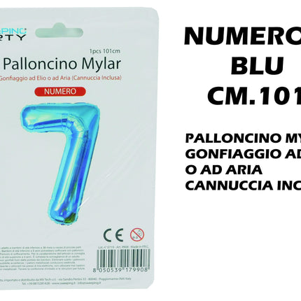 Palloncino Numero Mylar Foil Gigante 101 cm & 41 cm – Decorazione Festa Compleanno e Anniversario – Gonfiaggio Elio o Aria con Cannuccia Inclusa Blu Maxi (101 cm) 7 MV Tech