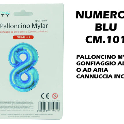 Palloncino Numero Mylar Foil Gigante 101 cm & 41 cm – Decorazione Festa Compleanno e Anniversario – Gonfiaggio Elio o Aria con Cannuccia Inclusa Blu Maxi (101 cm) 8 MV Tech
