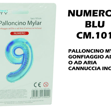 Palloncino Numero Mylar Foil Gigante 101 cm & 41 cm – Decorazione Festa Compleanno e Anniversario – Gonfiaggio Elio o Aria con Cannuccia Inclusa Blu Maxi (101 cm) 9 MV Tech