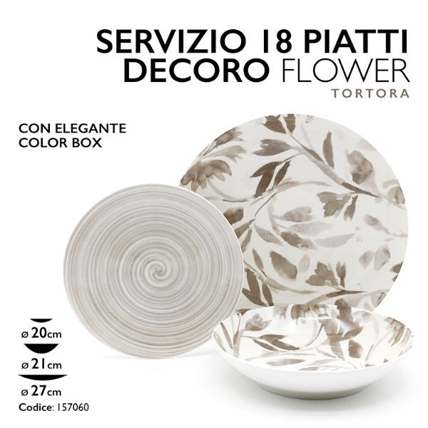 Servizio Piatti 18 Pezzi Tortora Flower Elegante | Set Tavola 6 Persone Moderno MMZ