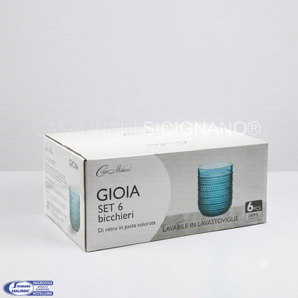 Gioia Set 6 Calici/Bicchieri in Vetro Colorato in Pasta Azzurro, Lavabili in Lavastoviglie MMZ