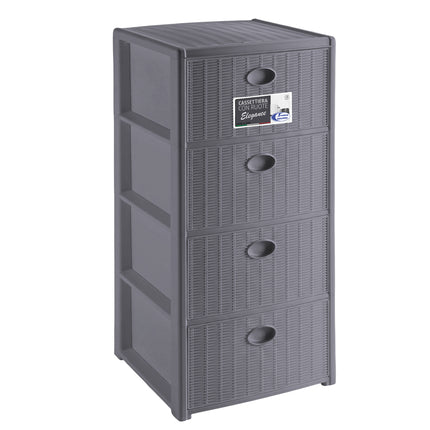 Cassettiera in Plastica con Ruote 4 Cassetti – Elegance Effetto Midollino Stone Gray Stefanplast