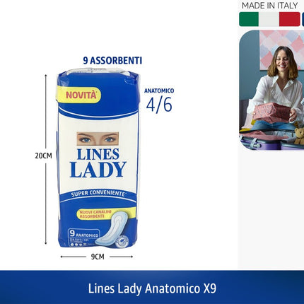 Lines Lady Assorbenti Anatomici Pacco da 9 Pezzi Super Conveniente | Assorbenti con Nuovi Canalini, Livello di Assorbimento 4/6, Misura Confezione 20x9 cm - Made in Italy Tutto Tutto Meno Meno®
