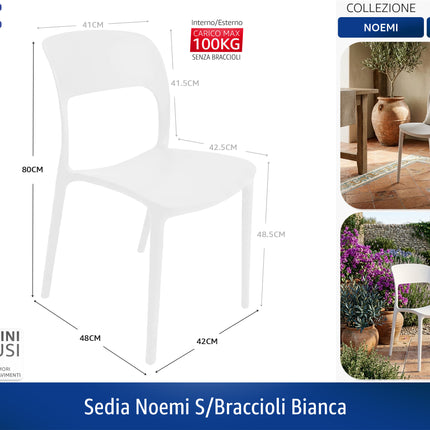 Sedia Noemi Senza Braccioli in Polipropilene – Impilabile, Anti‑UV, da Interno ed Esterno, Vari Colori | Casalinghi Sicignano Bianco Casalinghi Sicignano