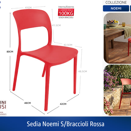 Sedia Noemi Senza Braccioli in Polipropilene – Impilabile, Anti‑UV, da Interno ed Esterno, Vari Colori | Casalinghi Sicignano Rossa Casalinghi Sicignano