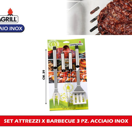 Set Attrezzi Barbecue 3 Pezzi Acciaio Inox - Kit Base per Griglia OmpaGrill