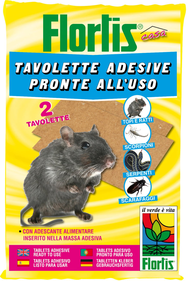 Flortis Tavolette Adesive 2 Pezzi - Cattura Topi, Scarafaggi, Roditori, Scorpioni (Con Esca) Flortis