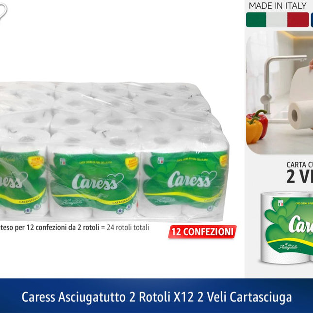 Asciugatutto Caress 2 Veli in Pura Cellulosa - Maxi Scorta 24 Rotoli (12 Confezioni da 2 Rotoli) Caress